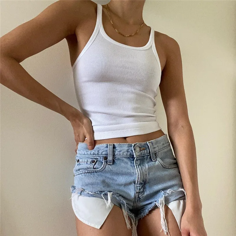 Casual White Sleeveless Cotton Cami Top Women Fashion Ribbed Crop Top Tees Ladies Basic Fitness Camisole Summer 2023