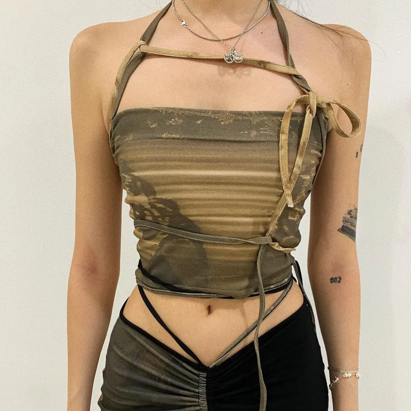 Auyiufar Green Fairy Grunge Bandage Crop Tops Vintage Aesthetic Tie Dye Slim Belt Y2K Bodycon Tube Top Elfcore Women Streetwear