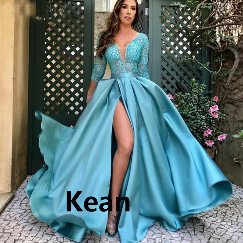 Blue Deep-v Evening Dress High Slit Illusion Special Occasion robe soiree Islamic Dubai Kaftan Saudi Arabic Boho Prom Dress