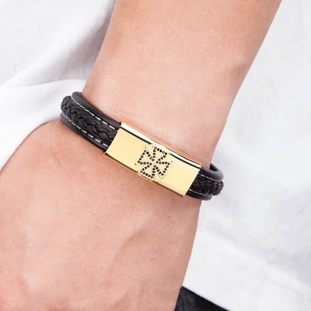 XQNI Stainless Steel Men's Leather Bracelet Cross Design Cubic Zirconia Luxury Jewelry Steel/Black For Choice Birthday Gift