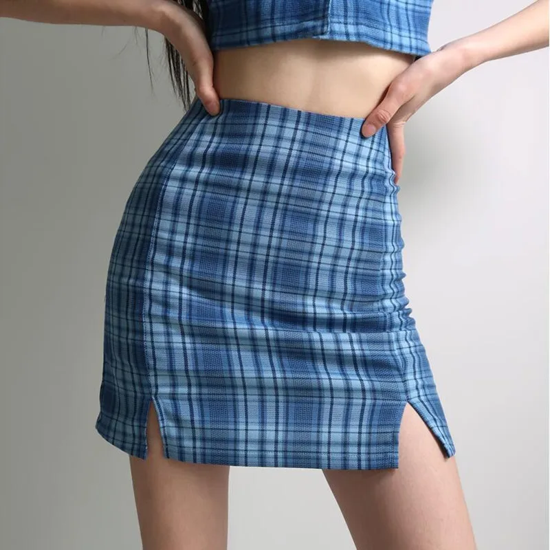 Blue plaid women elegant mini skirts 2020 summer fashion ladies vintage skirt party female split skirt girls chic streetwear