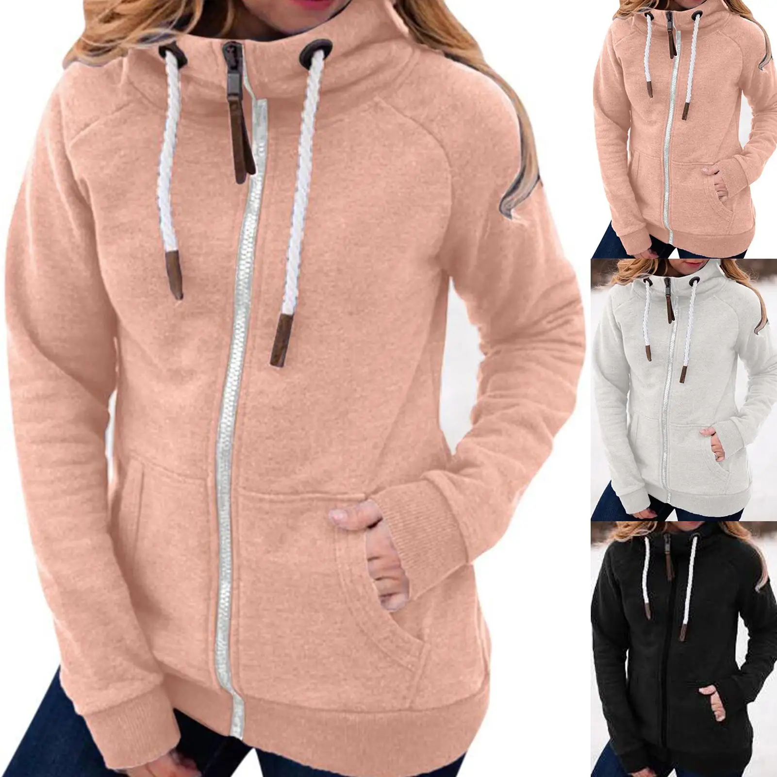 2020 Women Solid Color Hoodies Zipper Pocket Sweatshirt Long Sleeve Warm Soft Coat Women's Clothing женская куртка femme veste