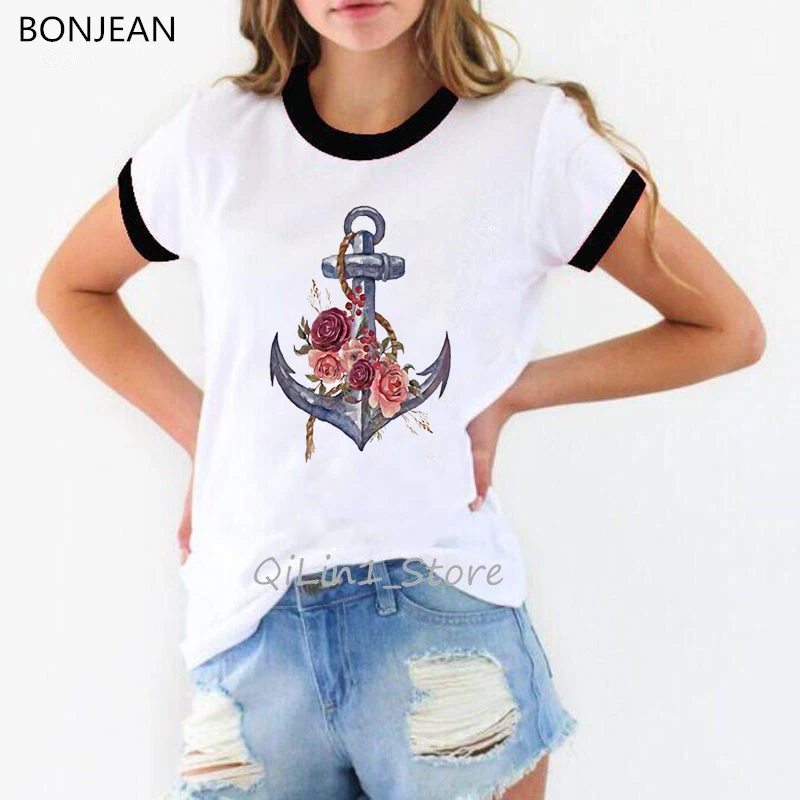 

Colorful Flower Anchor Print Vintage T Shirt Women Lovely White Ringer Tee Women Summmer Top Woman Clothes White Female T-Shirt