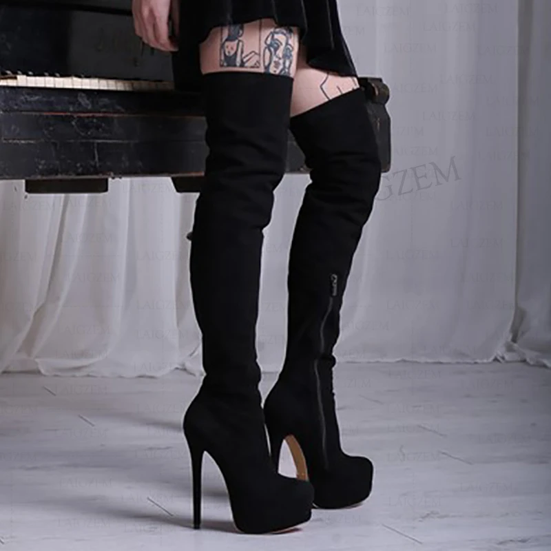 LAIGZEM Women Thigh High Boots Side Zip Thin High Heels Boots Over Knee Faux Suede Autumn Winter Party Zapatos Big Size 41 43 52