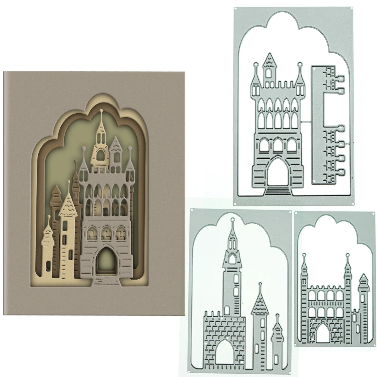 For DIY 3D Postcard Layered Metal Cutting Dies Scrapbooking Middle Age European Castle Card Cover Paper Art Work Decorating