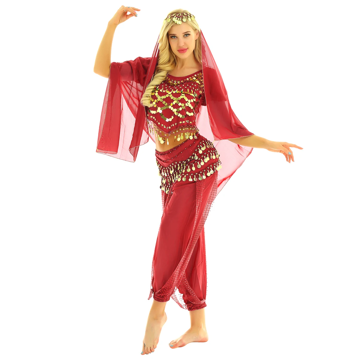 Women Belly Dance Carnival India Costume Outfit Set Short Lanterns Sleeves Coins Top with Harem Pants Hip Scarf and Head Scarf