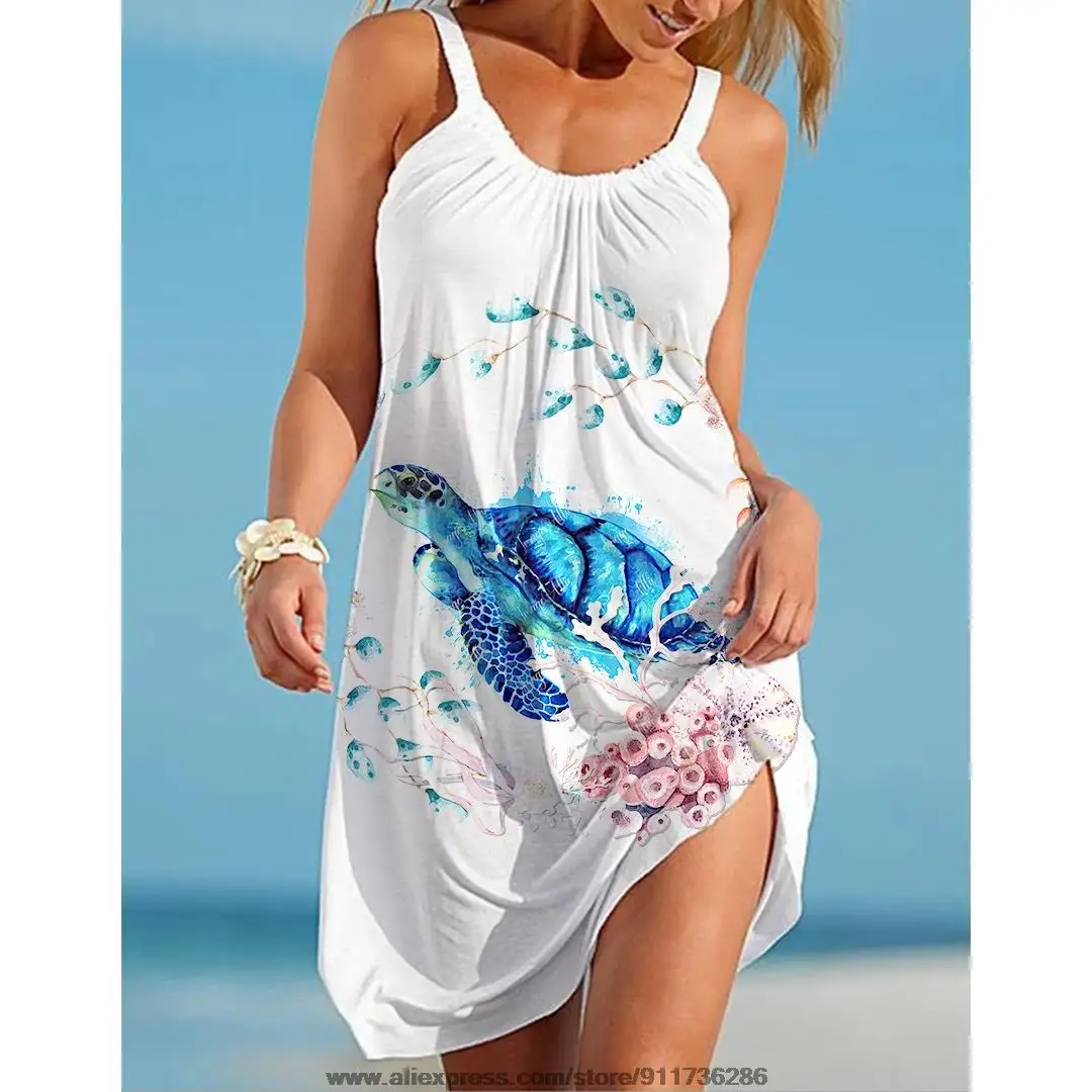 Vestido con estampado de tortuga para mujer, vestido playero Sexy sin mangas con cinturón y cuello Halter para verano, novedad de 2021