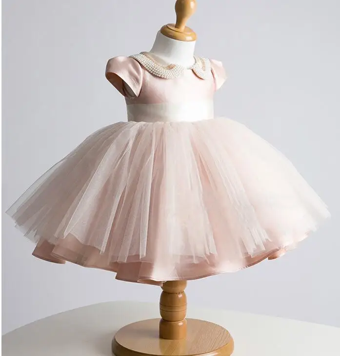 Pink Tulle Baby Girl Dress Beads Lace Pageant Christening Gown Newborn Girls Baptism Clothing Infant 1 Year Birthday Outfits