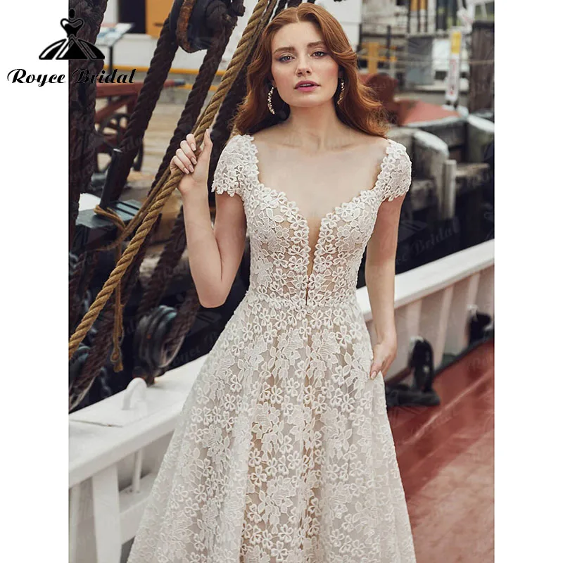 Uma linha vestidos de casamento com bolso manga curta profundo decote em v sem costas trem varredura laço floral vestido de noiva robe soirée mariage