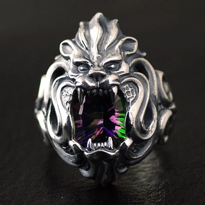 Japan personalized silver the new silver lion king roar inlaid colorful Zircon lions silver ring