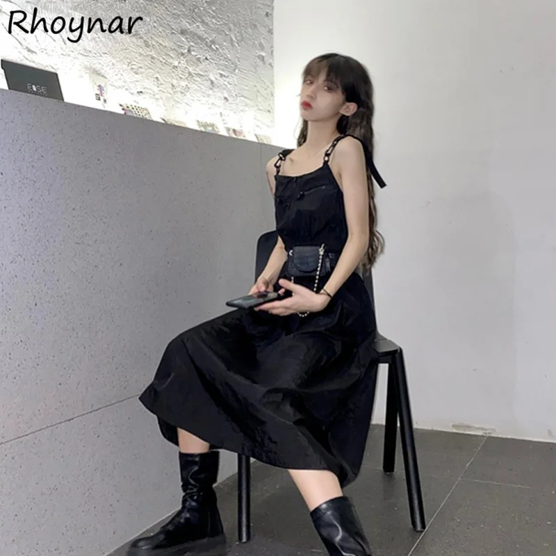 

Sleeveless Dress Women Spaghetti Black Tunic A-line Mid-calf Fashionable Korean Style All Match Girlish Summer Vestidos Street