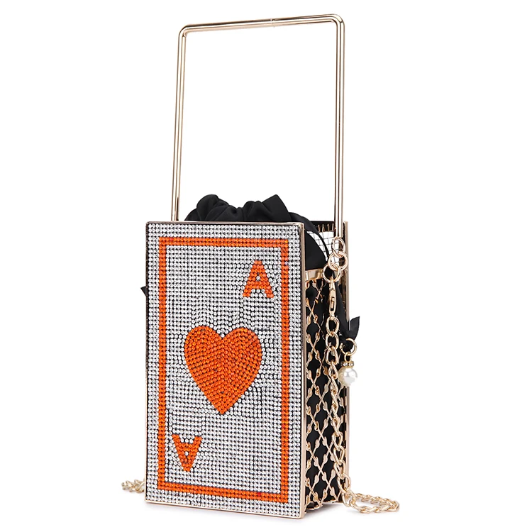 Luxury Hollow Heart Poker Design Evening Bags Shiny Diamonds Metal cage Women Clutch Bag Purses and Handbags Shoulder Chain Bag