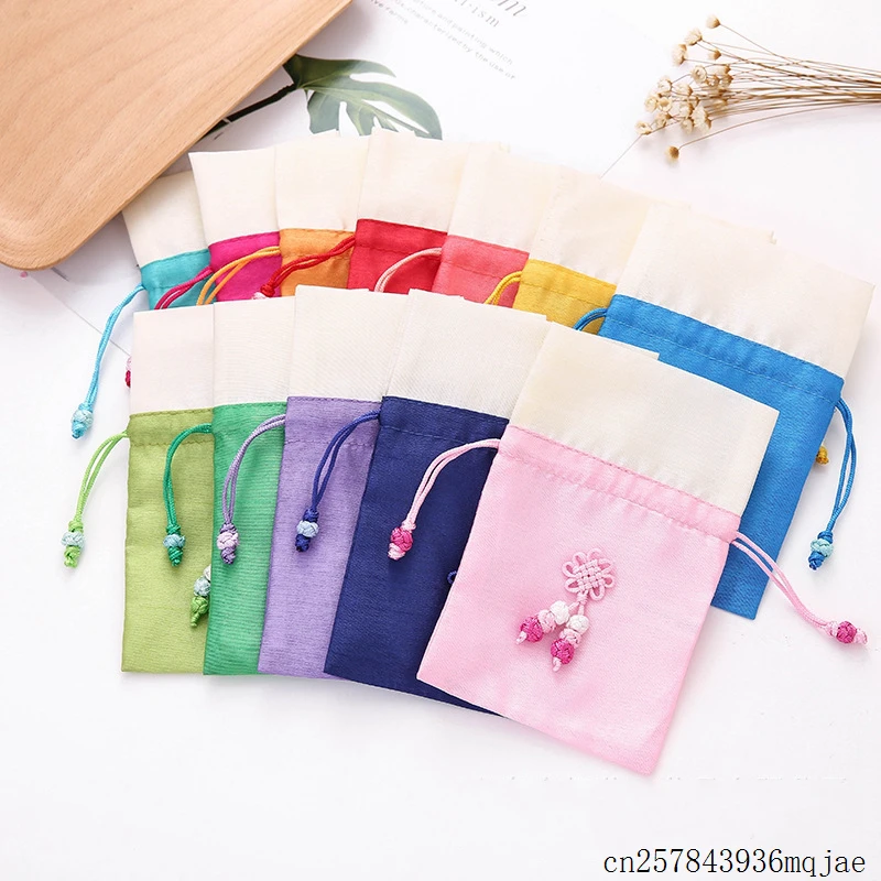 50 Pcs Chinese Knot Gift Bags Drawstring Silk Fabric Packaging Pouch Storage Pocket Sachet Patchwork Organza