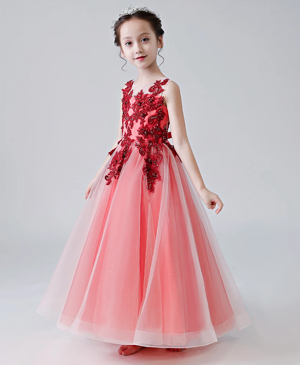 Rode Tule Bloem Meisje Jurken Lace Applique Mouwloze Kids Birthday Party Pageant Jurken Eerste Communie Elegante Jurken