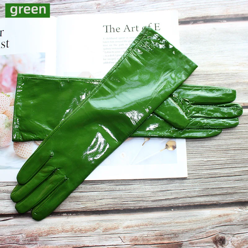 Long Patent Leather Gloves Women\'s Sheepskin Thin Rayon Lining Sleeves Velvet Lining Autumn and Winter Warmth Finger Gloves