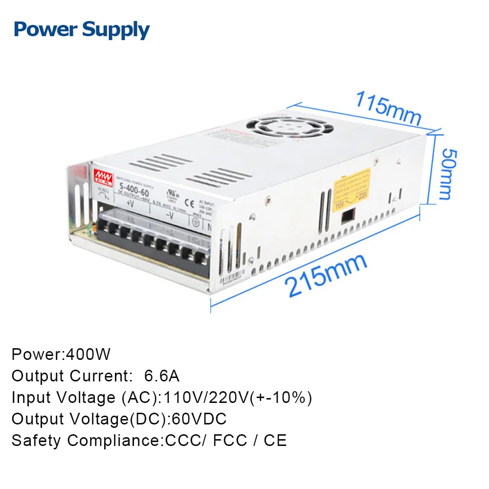 Stepper Motor Switch Power Supply 400W 60V AC 220V 110V To DC 48V 6.5A with Cooling Fan for CNC Router