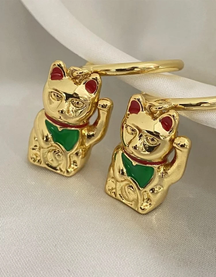 

Brass With 18k Gold Adorable Maneki Neko Drop Earrings Women Jewelry Party Boho T Show Gown Runway Rare Korean Japan Stuning