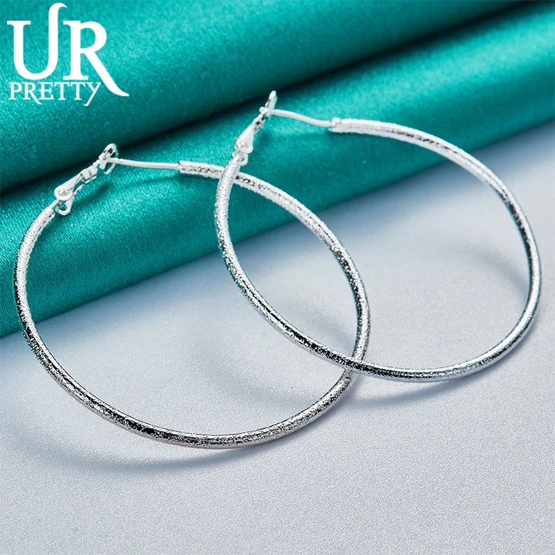 UPRETTY New 925 Sterling Silver 50mm Frosted Matte Hoop Earring For Women Lady Party Wedding Engagement Charm Jewelry Gift