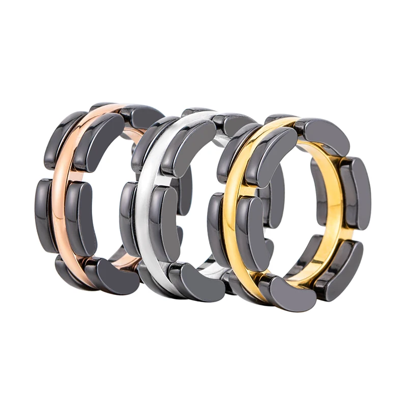 Fashion Black Ceramic Rings Charm Male Stainless Steel Gold Color Wedding Rings For Men Party Jewelry Gift