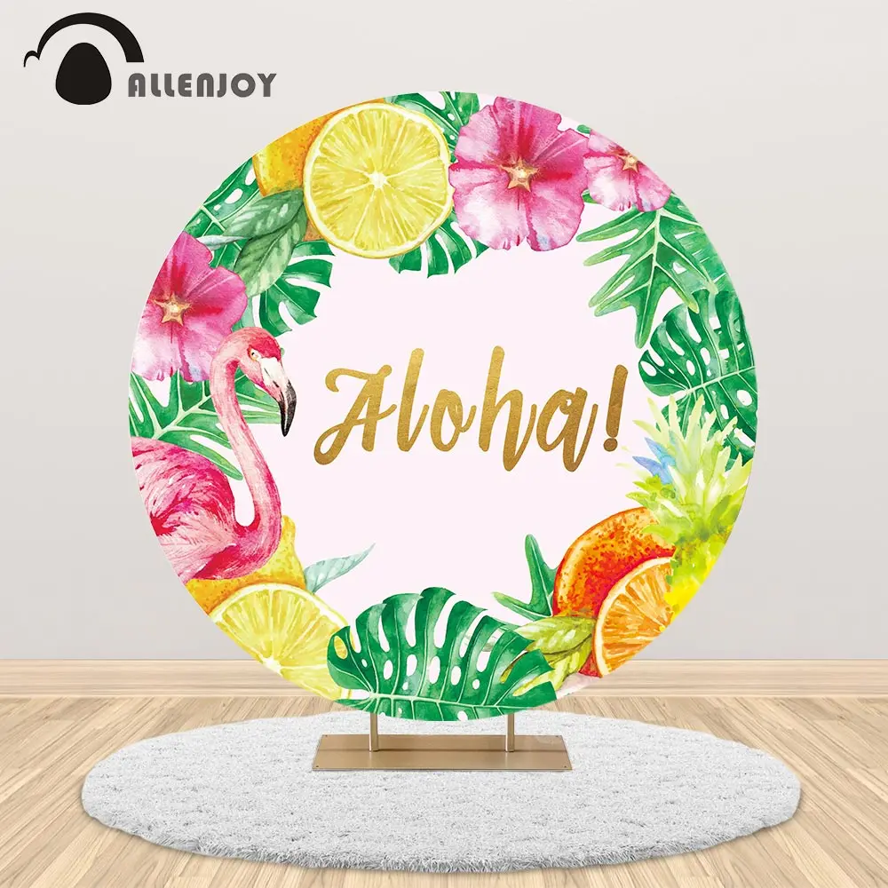 Allenjoy Alohal Flamingo Round Background Circle Backdrops Covers Hawaii Summer Party Decoration Photocall Wallpaper Photozone