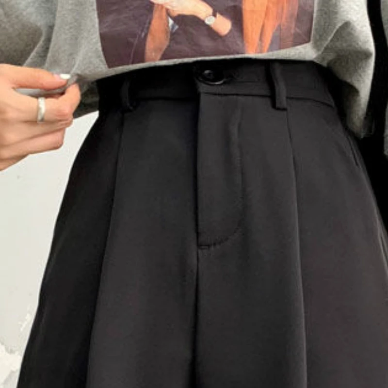 Quần Short Nữ Mùa Hè Nút Tới Đầu Gối Đen Ống Rộng Rời Drap Bọc Hàn Quốc-Phong Cách Casual Nữ Văn Phòng BF đầm Dạo Phố Thời Trang Đơn Giản