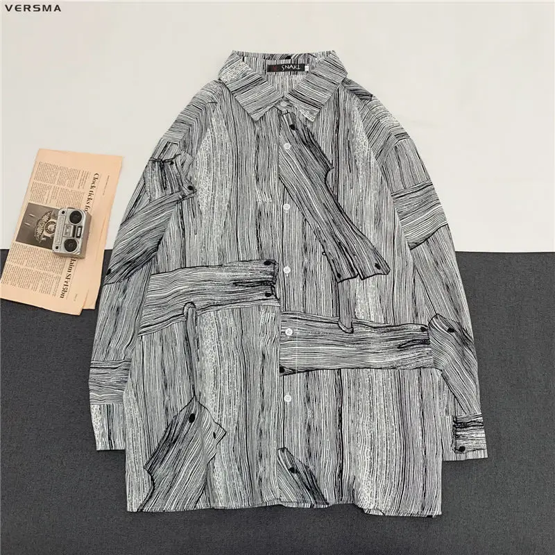 

VERSMA Korean Fashion Harajuku Vintage Graffiti Print Shirt Men Women Blouse Summer Long Sleeve Hawaiian Shirt Men Dropshipping