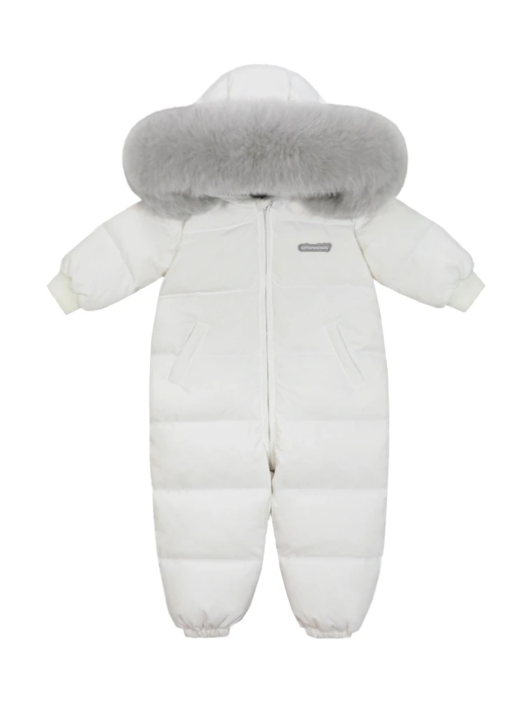 Russian Winter Infant Baby Snowsuit Real Fox Fur Collar Kids Boys Girls Rompers White Duck Down Filling Thick Warm Down Coat