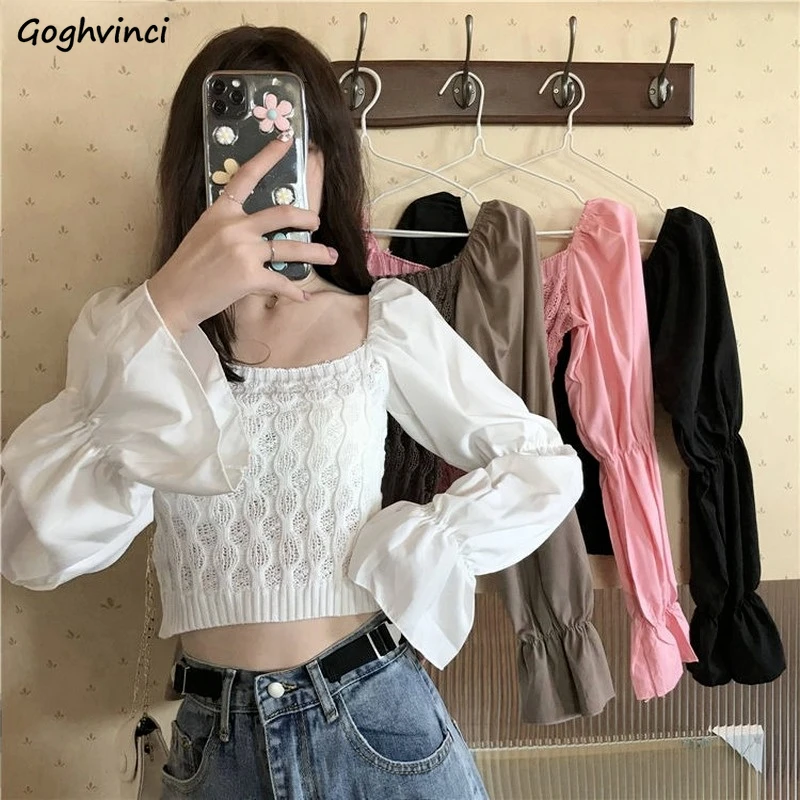 

Crop Pullovers Women Sweet Holiday Streetwear Y2k Spring Dating Ins Students Hollow Out Knitted Square Collar Female Sweaters