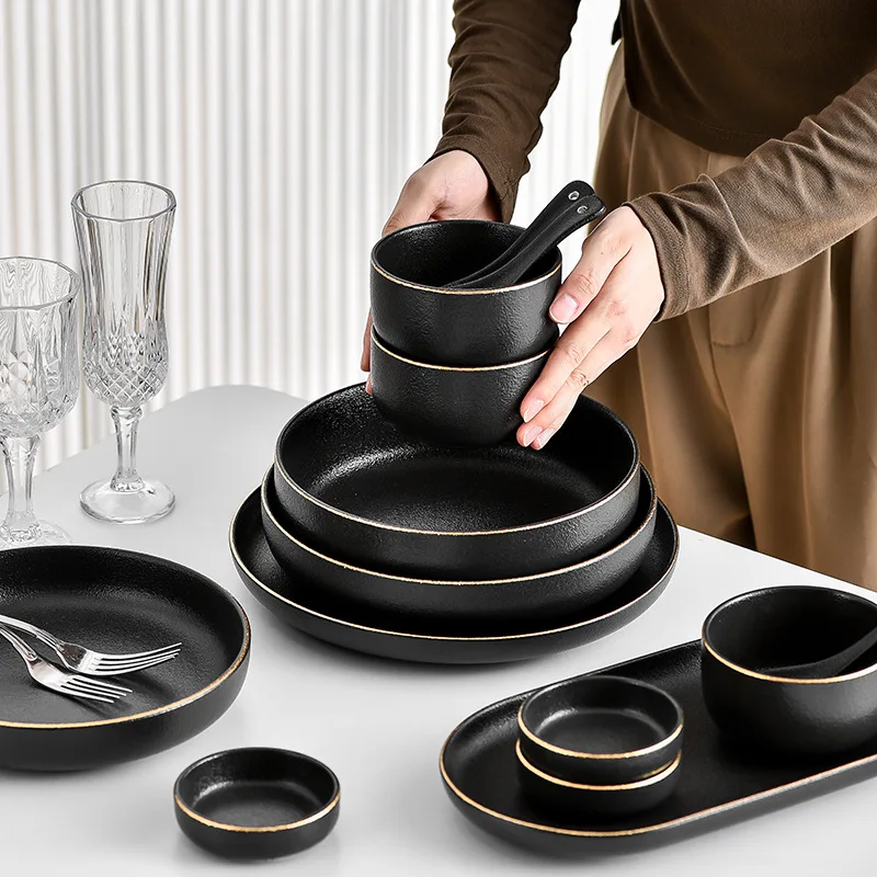 Matte Frosted Gilt Rim Black Porcelain Dinner Plate Set Kitchen Plate Ceramic Tableware Food Dishes Rice Salad Noodles Bowl