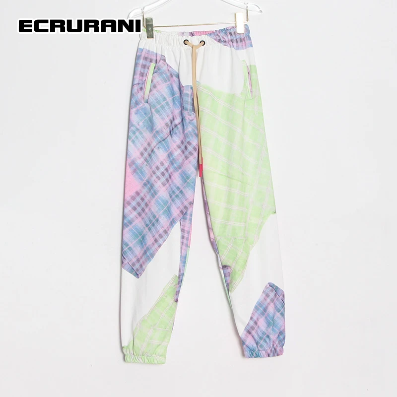 

ECRURANI Print Casual Pant For Women High Waist Lace Up Loose Elastic Hit Color Pants Females Spring Fashion Clothing 2021 Style