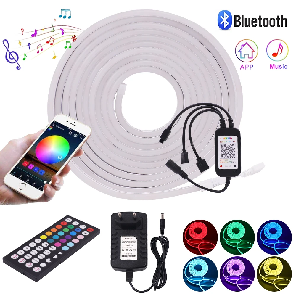 12V RGB LED Strip Light with Bluetooth APP Remote Control Flexible Neon Sign Ribbon Waterproof Neon Tube LED Tape Rope for Decor