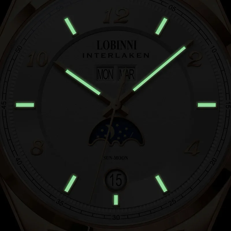 LOBINNI الأعمال الميكانيكية ساعة رجالي موضة التلقائي رجل الساعات جلد طبيعي تاريخ الأسبوع القمر المرحلة عرض ساعة الذكور
