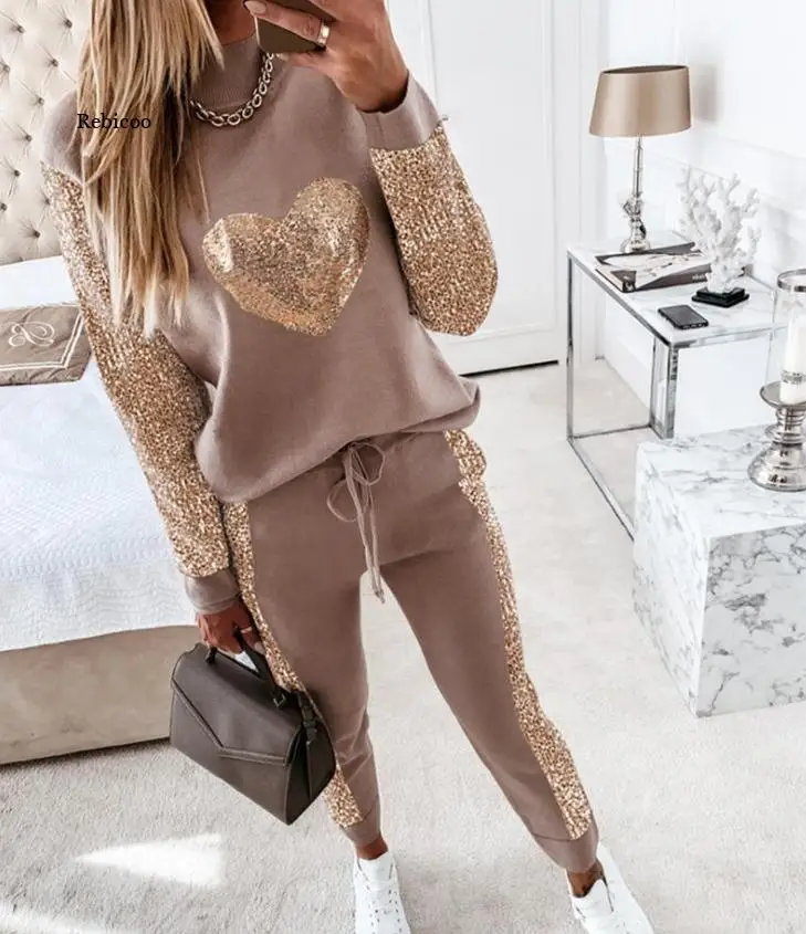

Ladies Fashion 2-Piece Set of Love Sequin Pullover + Trousers Sports Suit Casual Sportswear