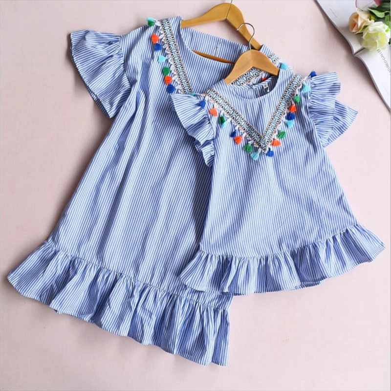 Newborn Baby Girl Family Matching Clothes Mom And Daughter Outfits Nine Quarter Stripe Tassel Mini Mother And Daughter Dress