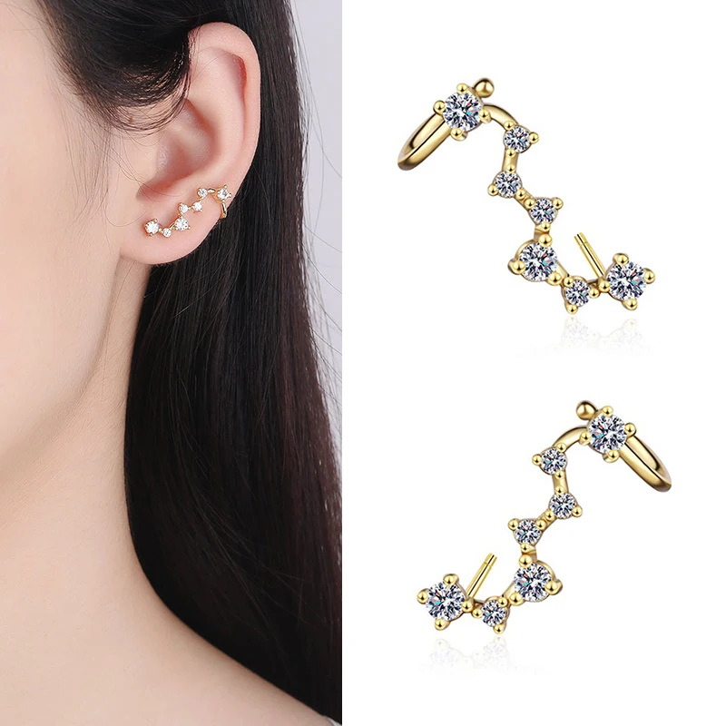 New Fashion Creative Big Dipper Seven Stars Stud Earrings For Women Shiny Crystal Connected Cuff Earring Pierced Trendy Jewelry