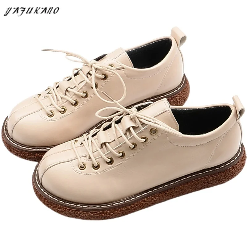 Mori Thick-Soled College British Lace-Up Women Small Leather Shoes Big Head Doll Shoes Literary Retro Platform Flat Women Shoes