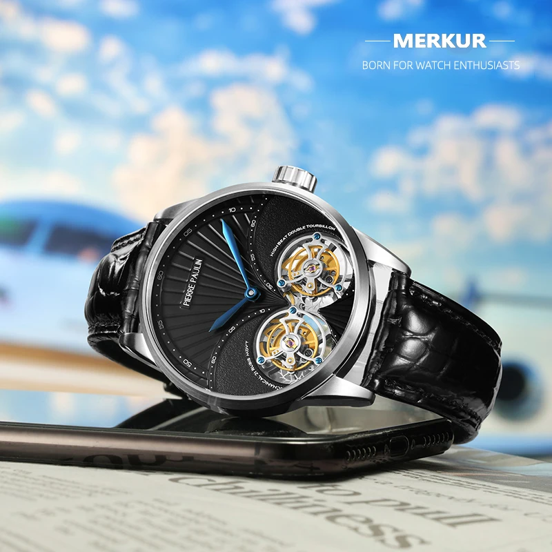 MERKUR Genuine Double Tourbillon Manual Mechanical Watch 28800BHP High Frequency Men\'s Luxury Formal Business Sapphire Watches