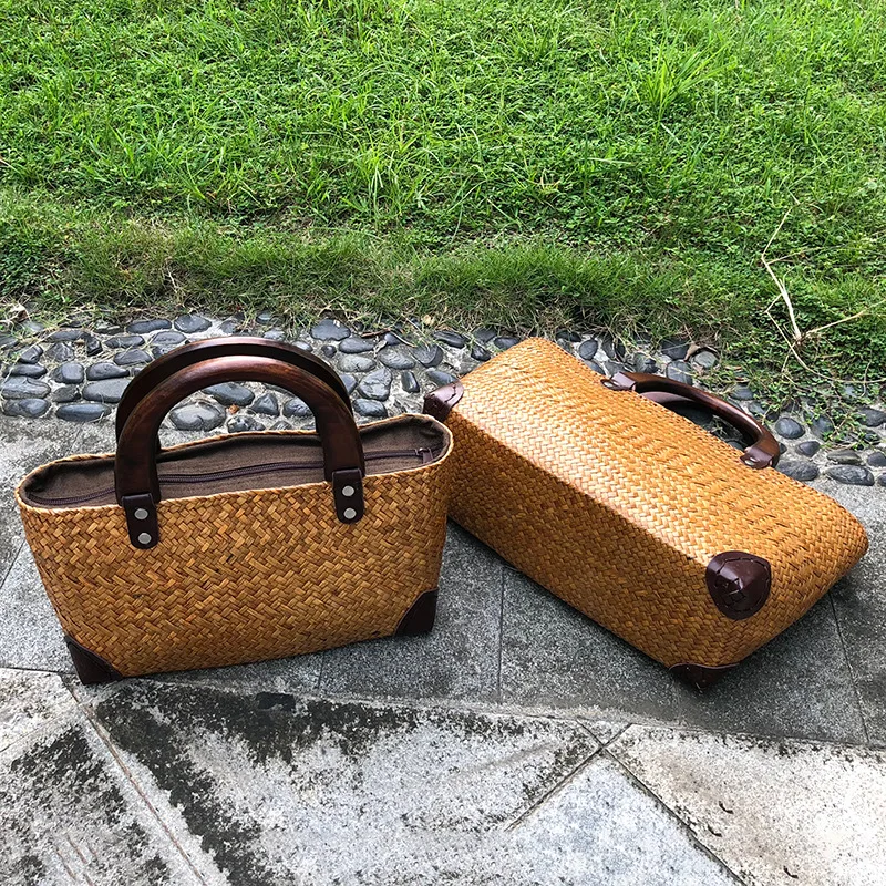 Handmade Rattan Saco Tecido com Cabo De Madeira, Saco De Praia Portátil, Arte Retro, Férias, Feminino