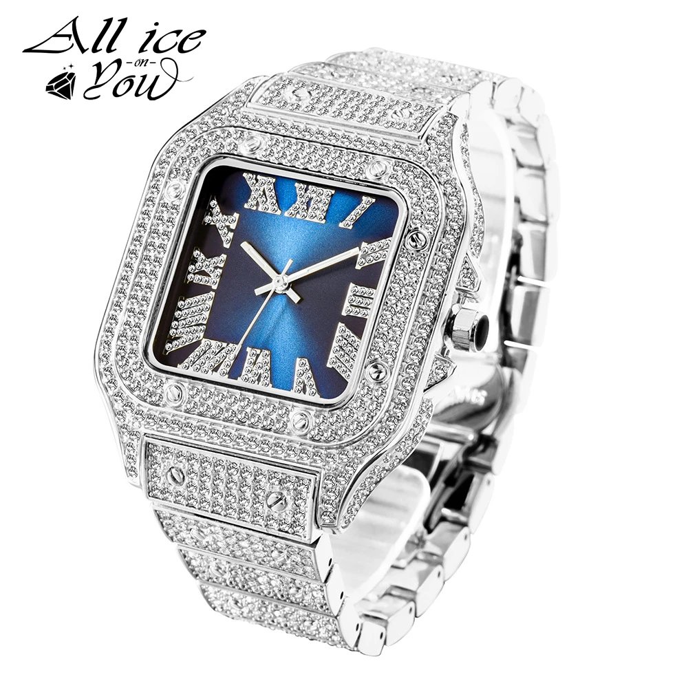 

ALLICEONYOU Square Fashion Iced Out Micro Pave Cubic Zirconia Watches Hip Hop Jewelry Stainless Steel Jewelry For Gift Bracelet