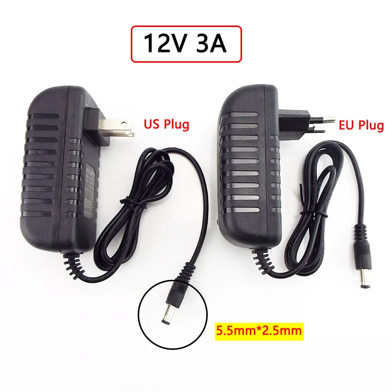 Adapter Power Supply AC to DC 12V 3A US EU Plug Charging Port Converter Charger 5.5mmx2.5mm 3000mA For LED Strip Lamp