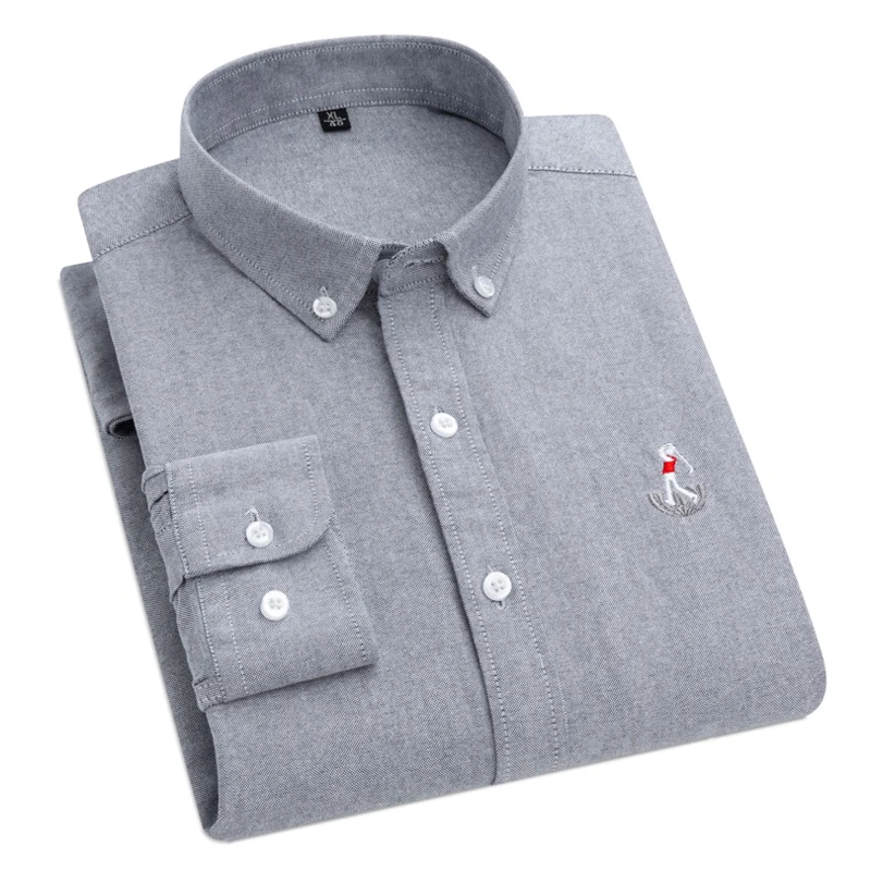 

Aoliwen brand Men Long Sleeve Solid Oxford Dress Shirt Male Casual Regular with Chest Pocket Button Down Shirt Quality Clothing