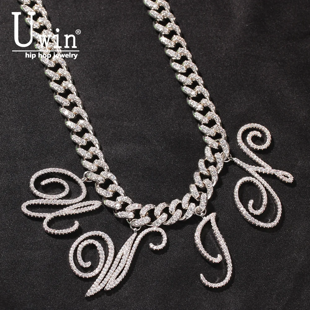 

Uwin 12mm DIY Cursive Letters Miami Cuban Link Necklace Gold Silver Plated Luxury Micro Paved CZ Chain