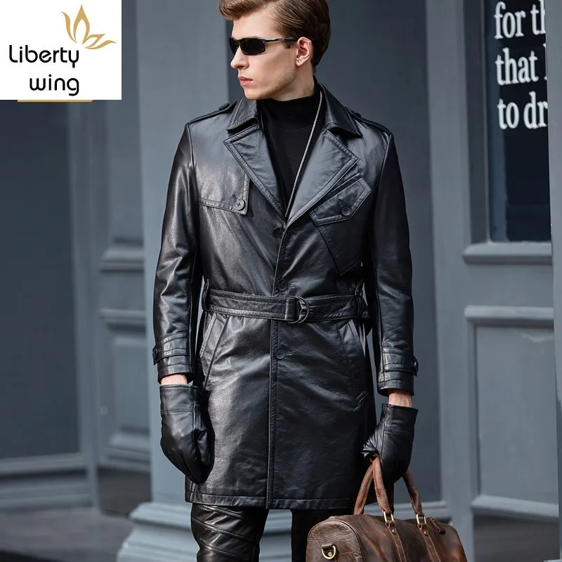 New Fashion Men Cow Jackets Windbreaker Black Sashes Belt Genuine Leather Long Coats Autumn Slim Fit Cowskin Trench