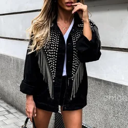 Tassel Rivet Denim Jacket Women Tops Autumn Spring Black Cool Outwear Jackets Streetwear Punk 2022 Fashion Long Sleeve Loose XL