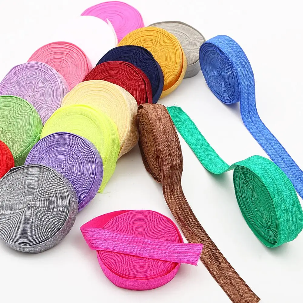 5 yardas de Color sólido brillante plegable sobre elástico FOE Spandex banda de goma hilo niños lazo para el cabello diadema vestido encaje costura 5/8 "15mm