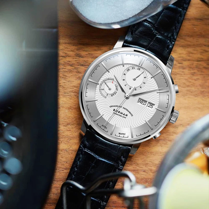 BORMAN Men Automatic Watch 41mm Mechanical Wristwatch Waterproof Sapphire Mirror Multi Dial Leap Year Month Week Date