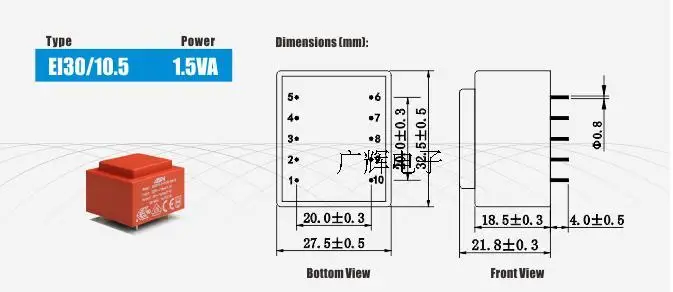 Imagem -03 - Transformador Integrado para Solda Direta As3010-e0150-090-s 32.5x27.5x21.8 mm Ei30 10.5 1.5va 230v a 9v 1pc