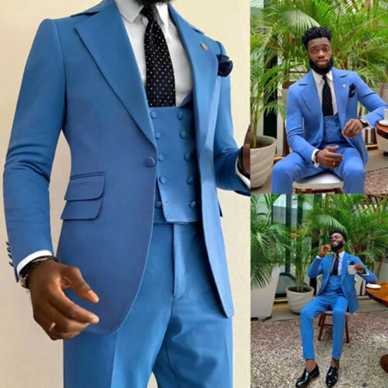 Blue Men Suits Regular Fit Tuxedo Jacket Vest Pants Coats Groom Wedding Business Formal Tailored Made 3 Pieces Causal Prom