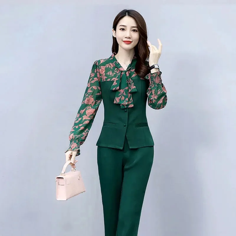 Single/set Women Pants 2-Piece Set 2022 Female Spring Suit Lady Printing Shirt Tops+ Wide leg Pants Two-Piece Suit C