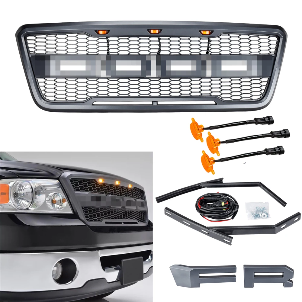 Griglia paraurti anteriore in ABS nero griglia stile Raptor con luci a LED ambra e lettere per Ford F150 2004-2008